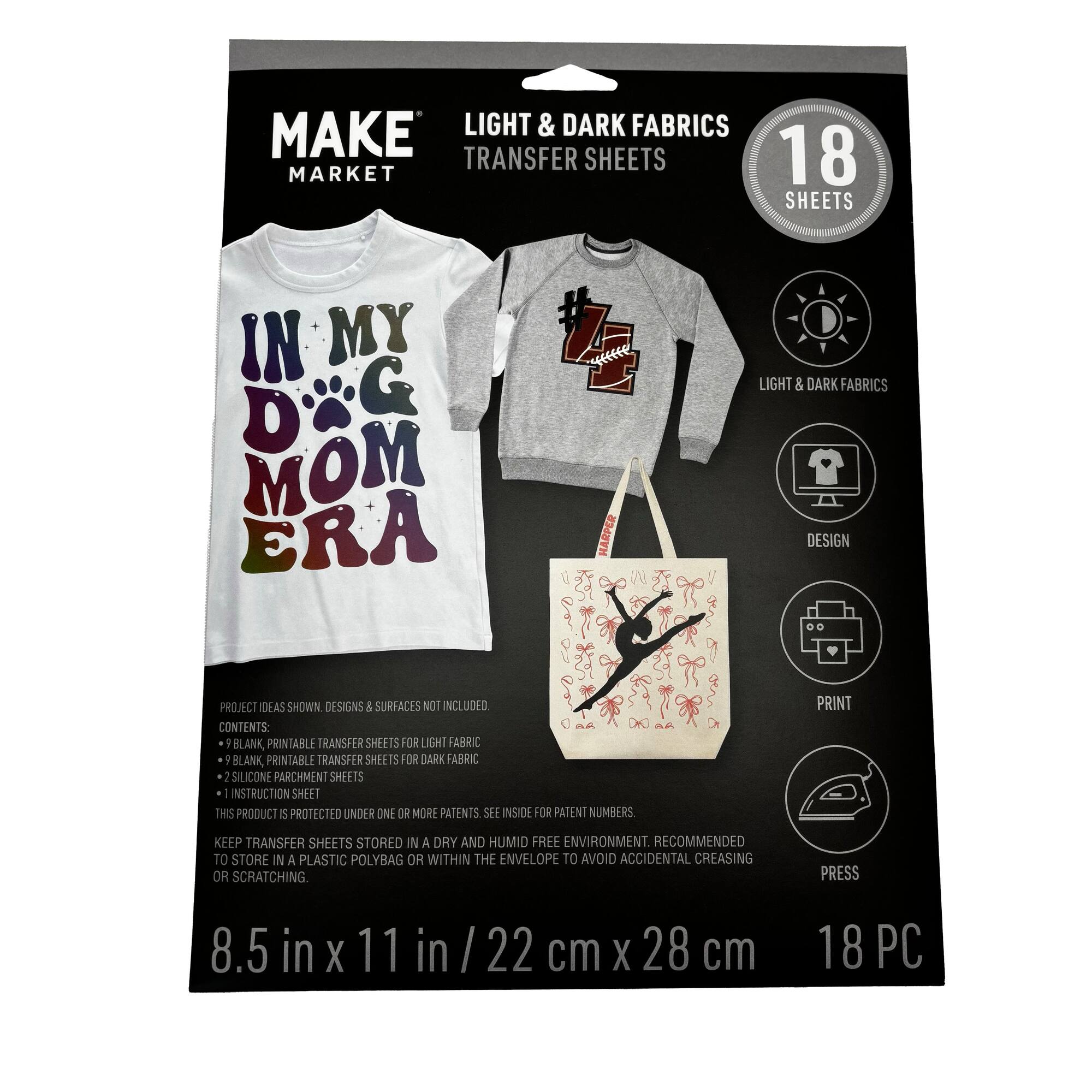 6 Packs: 18 ct. (108 total) 8.5" x 11" Mixed Light & Dark Fabric Transfer Sheets by Make Market®